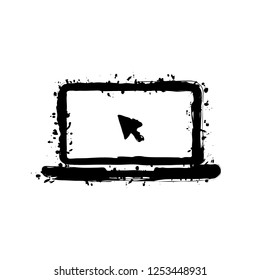 Laptop or notebook with arrow on screen. Black ink with splashes on white background