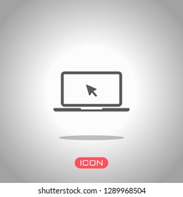 Laptop or notebook with arrow on screen. Icon under spotlight. Gray background