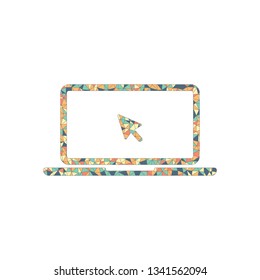 Laptop or notebook with arrow on screen. Colored mosaic with polygons