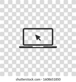 Laptop or notebook with arrow on screen. Black symbol on transparency grid