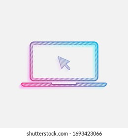 Laptop or notebook with arrow on screen. Colored logo with diagonal lines and blue-red gradient. Neon graphic, light effect