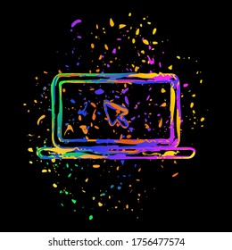 Laptop or notebook with arrow on screen. Colored ink with splashes on black background