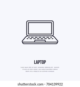 Laptop notebook with blank screen flat line style icon. Wireless technology, portable computer sign. Vector illustration of communication equipment for electronics store.