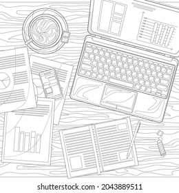 Laptop, notebook, blanks, pen, felt pen, smartphone, coffee and chocolota on a wooden table. Workspace, freelance. Illustration a white isolated background. For coloring book.