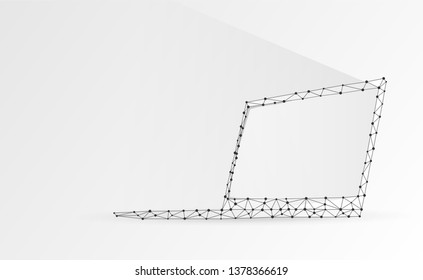 Laptop, notebook composed of polygons. Internet, computer devices symbol. Abstract, digital, wireframe, low poly mesh, vector origami 3d illustration. Triangles, lines, dots, stars on white background