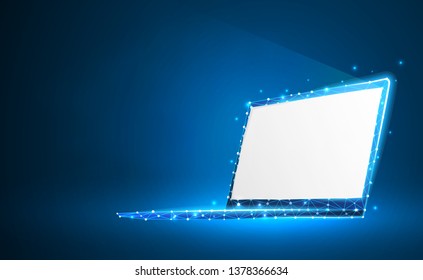 Laptop, notebook composed of polygons. Internet, devices, computer symbol. Abstract, digital, wireframe, low poly mesh, vector neon 3d illustration. Triangles, lines, dots, stars on blue background