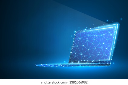 Laptop, notebook composed of polygons. Internet, devices, computer symbol. Abstract, digital, wireframe, low poly mesh, vector blue neon 3d illustration. Triangles, lines, dots, stars