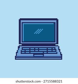 Ordenador portátil o portátil en ilustración azul de la tecnología del estilo del arte del pixel 8bit