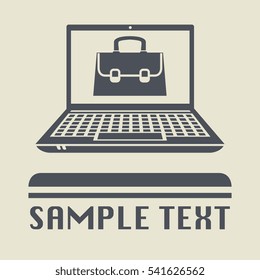 Laptop or notebook computer with briefcase icon or sign, vector illustration