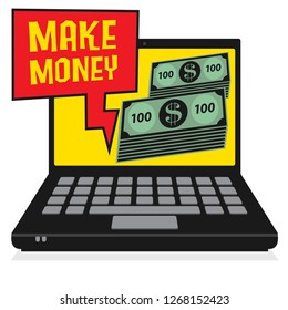 Laptop or notebook computer business concept with text Make Money, vector illustration