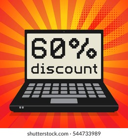 Laptop or notebook computer, business concept with text 60 percent discount, vector illustration