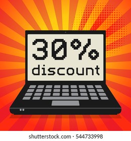 Laptop or notebook computer, business concept with text 30 percent discount, vector illustration