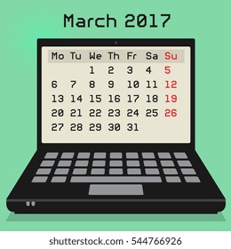 Laptop or notebook computer, business concept with 2017 Calendar, March month, vector illustration