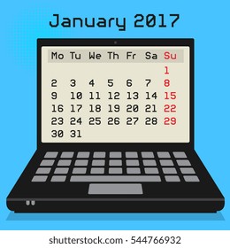 Laptop or notebook computer, business concept with 2017 Calendar, January month, vector illustration