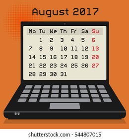 Laptop or notebook computer, business concept with 2017 Calendar, August month, vector illustration