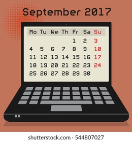 Laptop or notebook computer, business concept with 2017 Calendar, September month, vector illustration