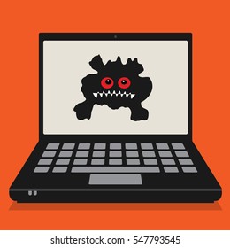 Laptop or notebook computer, business concept with computer virus sign or symbol, vector illustration
