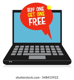 Laptop or notebook computer, business concept with text Buy One, Get One Free, vector illustration