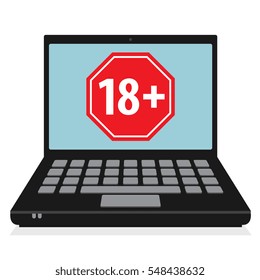 Laptop or notebook computer, business concept with sign Adults Only 18+, vector illustration