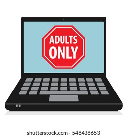 Laptop or notebook computer, business concept with sign Adults Only 18+, vector illustration