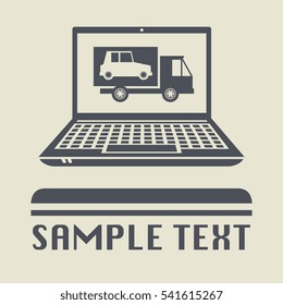 Laptop or notebook computer with car transportation icon or sign, vector illustration