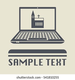 Laptop or notebook computer with church or religion icon or sign, vector illustration