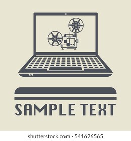 Laptop or notebook computer with cinema icon or sign, vector illustration