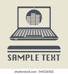 Laptop or notebook computer with City icon or sign, vector illustration