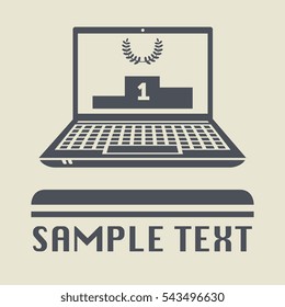 Laptop or notebook computer with First place icon or sign, vector illustration