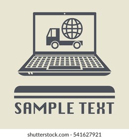 Laptop or notebook computer with global transportation icon or sign, vector illustration
