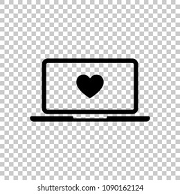 Laptop or notebook computer with heart on screen. Simple icon. On transparent background.