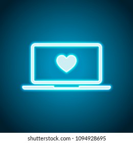 Laptop or notebook computer with heart on screen. Simple icon. Neon style. Light decoration icon. Bright electric symbol