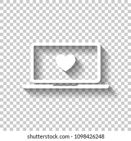 Laptop or notebook computer with heart on screen. Simple icon. White icon with shadow on transparent background