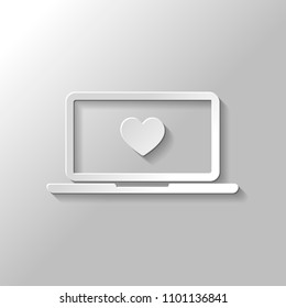 Laptop or notebook computer with heart on screen. Simple icon. Paper style with shadow on gray background