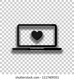 Laptop or notebook computer with heart on screen. Simple icon. Black glass icon with soft shadow on transparent background