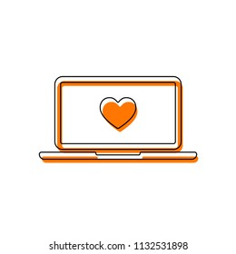 Laptop or notebook computer with heart on screen. Simple icon. Isolated icon consisting of black thin contour and orange moved filling on different layers. White background