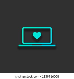 Laptop or notebook computer with heart on screen. Simple icon. Colorful logo concept with soft shadow on dark background. Icon color of azure ocean