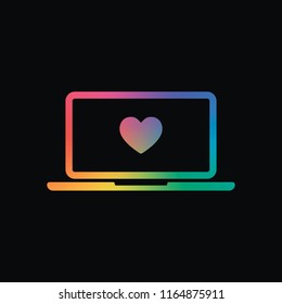 Laptop or notebook computer with heart on screen. Simple icon. Rainbow color and dark background