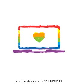 Laptop or notebook computer with heart on screen. Simple icon. Drawing sign with LGBT style, seven colors of rainbow (red, orange, yellow, green, blue, indigo, violet