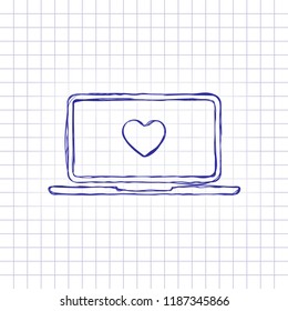 Laptop or notebook computer with heart on screen. Simple icon. Hand drawn picture on paper sheet. Blue ink, outline sketch style. Doodle on checkered background