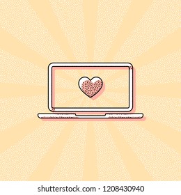 Laptop or notebook computer with heart on screen. Simple icon. Vintage retro typography with offset printing effect. Dots poster with comics pop art background