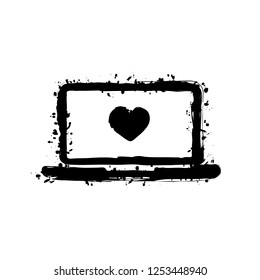 Laptop or notebook computer with heart on screen. Simple icon. Black ink with splashes on white background