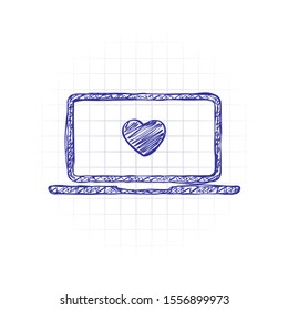 Laptop or notebook computer with heart on screen. Simple icon. Hand drawn sketched picture with scribble fill. Blue ink. Doodle on white background