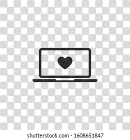 Laptop or notebook computer with heart on screen. Simple icon. Black symbol on transparency grid