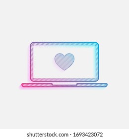 Laptop or notebook computer with heart on screen. Simple icon. Colored logo with diagonal lines and blue-red gradient. Neon graphic, light effect