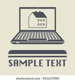 Laptop or notebook computer with house icon or sign, vector illustration