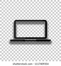 Laptop or notebook computer icon. Black glass icon with soft shadow on transparent background