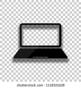 Laptop or notebook computer icon. Black glass icon with soft shadow on transparent background