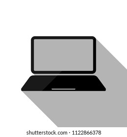 Laptop or notebook computer icon. Black object with long shadow on white background