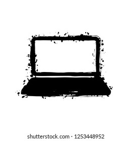 Laptop or notebook computer icon. Black ink with splashes on white background